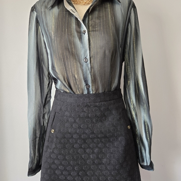 Ninety Sheer Black, Teal And Metallic Gold Blouse. Size Medium - Picture 8 of 11